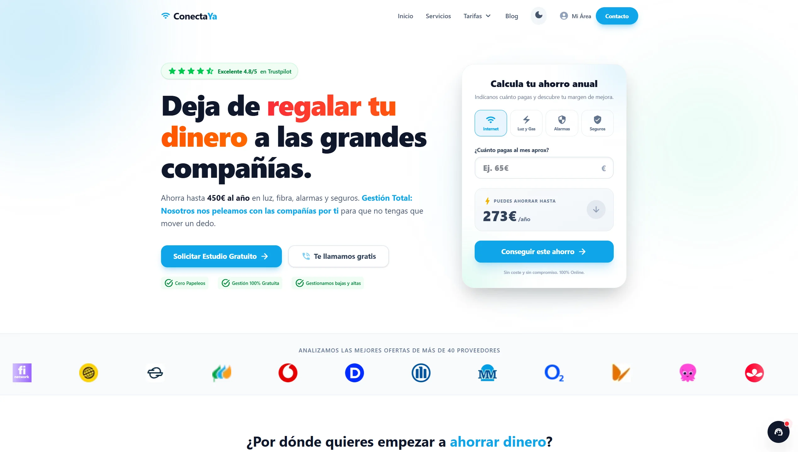Landing de captación principal de ConectaYa con comparador de servicios del hogar