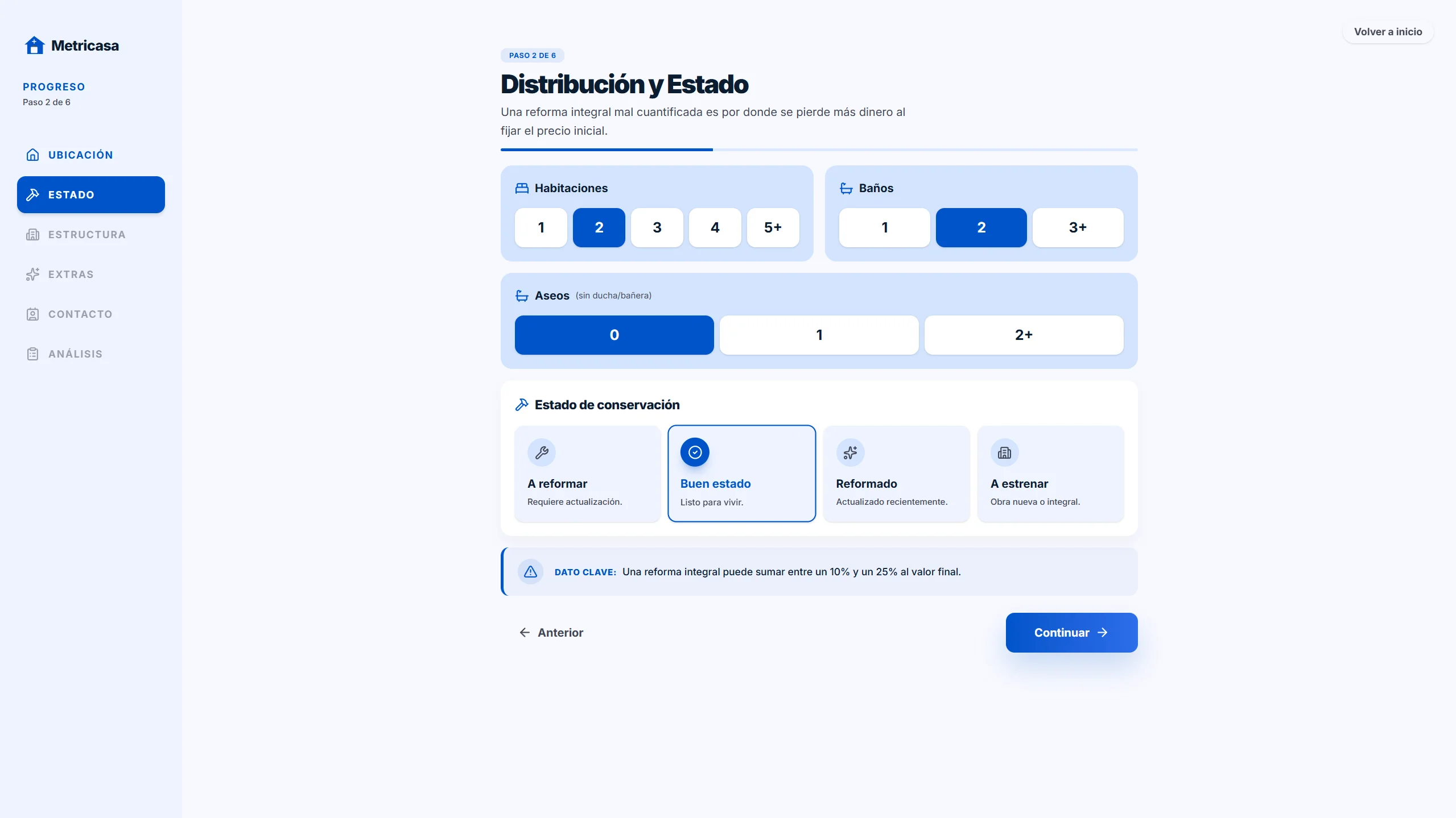 Paso del wizard: distribución de la vivienda y habitaciones