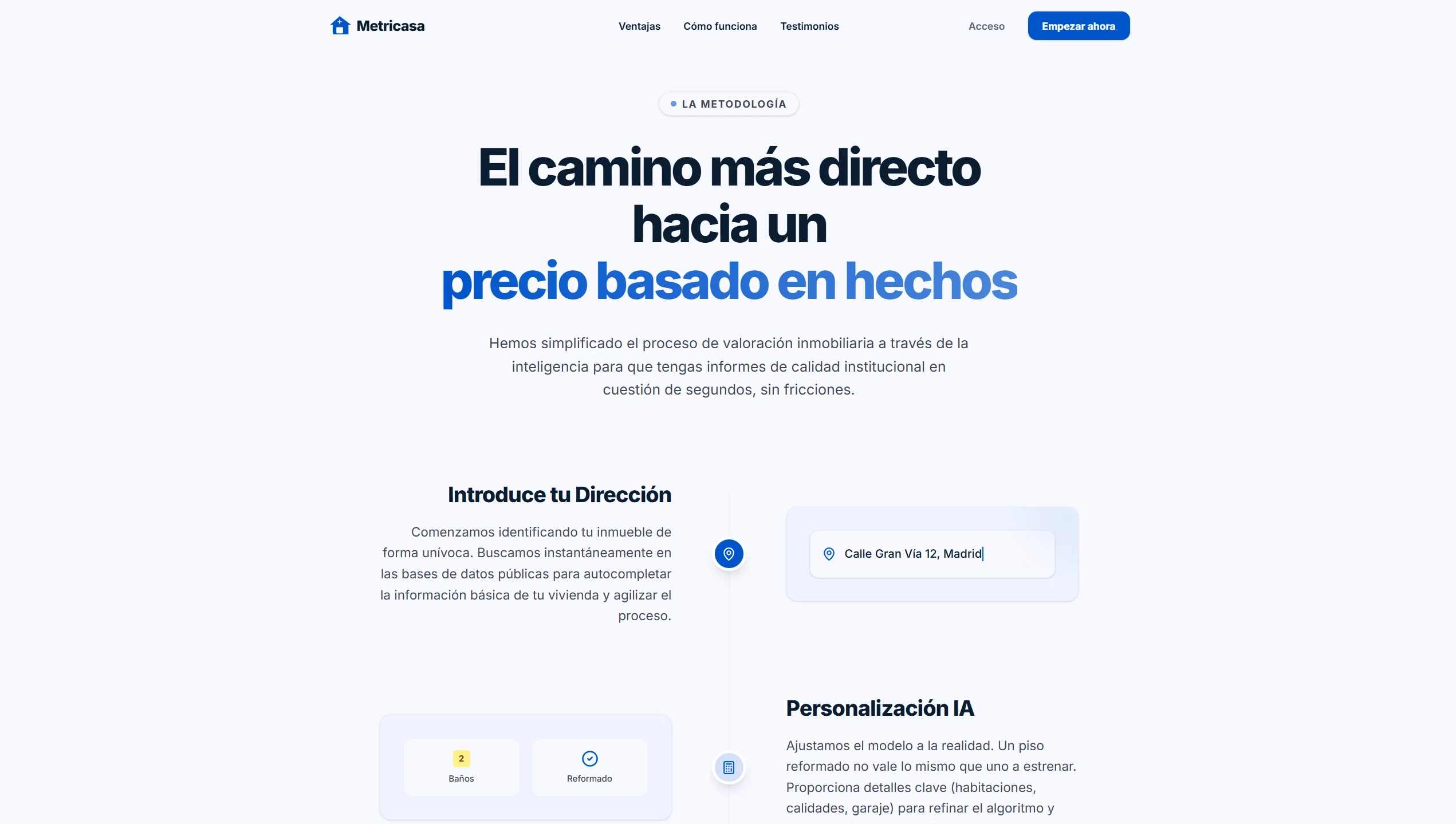 Sección de metodología de la landing B2C: cómo funciona el proceso de valoración